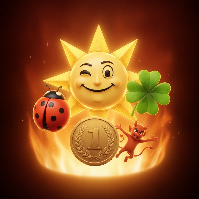 Alles Spitze Slot von Merkur mit drei Gewinnleitern, goldenem Merkur Sonnensymbol, Käfer, Münze und Kleeblatt vor Flammen-Hintergrund
